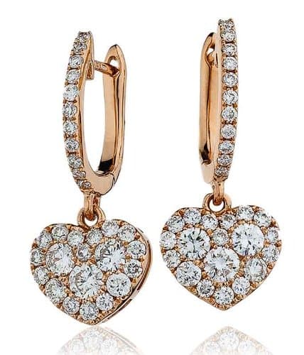 0.90CT Certified G/VS2 Round Brilliant Cut Micro Set Heart Shape Cluster Diamond Drop Earrings in 18K Rose Gold