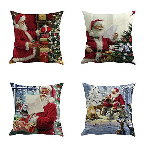 Malloom 4PC Merry Christmas Cotton Linen Pillow Case Rectangle Cover Decor Sofa Waist Cushion Cover 18"x18" (P)