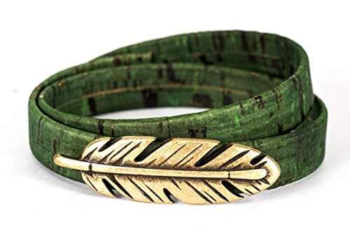 Antique Brass Feather and Green Cork Double Wrap Bracelet