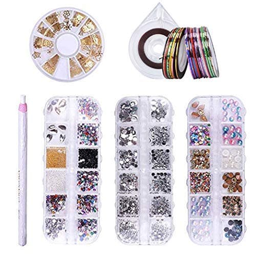 LIARTY 3D Nail Art Set Acrylic Nail Kit with 4 Boxes of Rhinestones/Crystals/Acrylic Pearl/Nail Beads Decorations 30Pcs Striping Tape Line 1 Striping Tape Case 1 Nail Rhinestone Dotting Pen