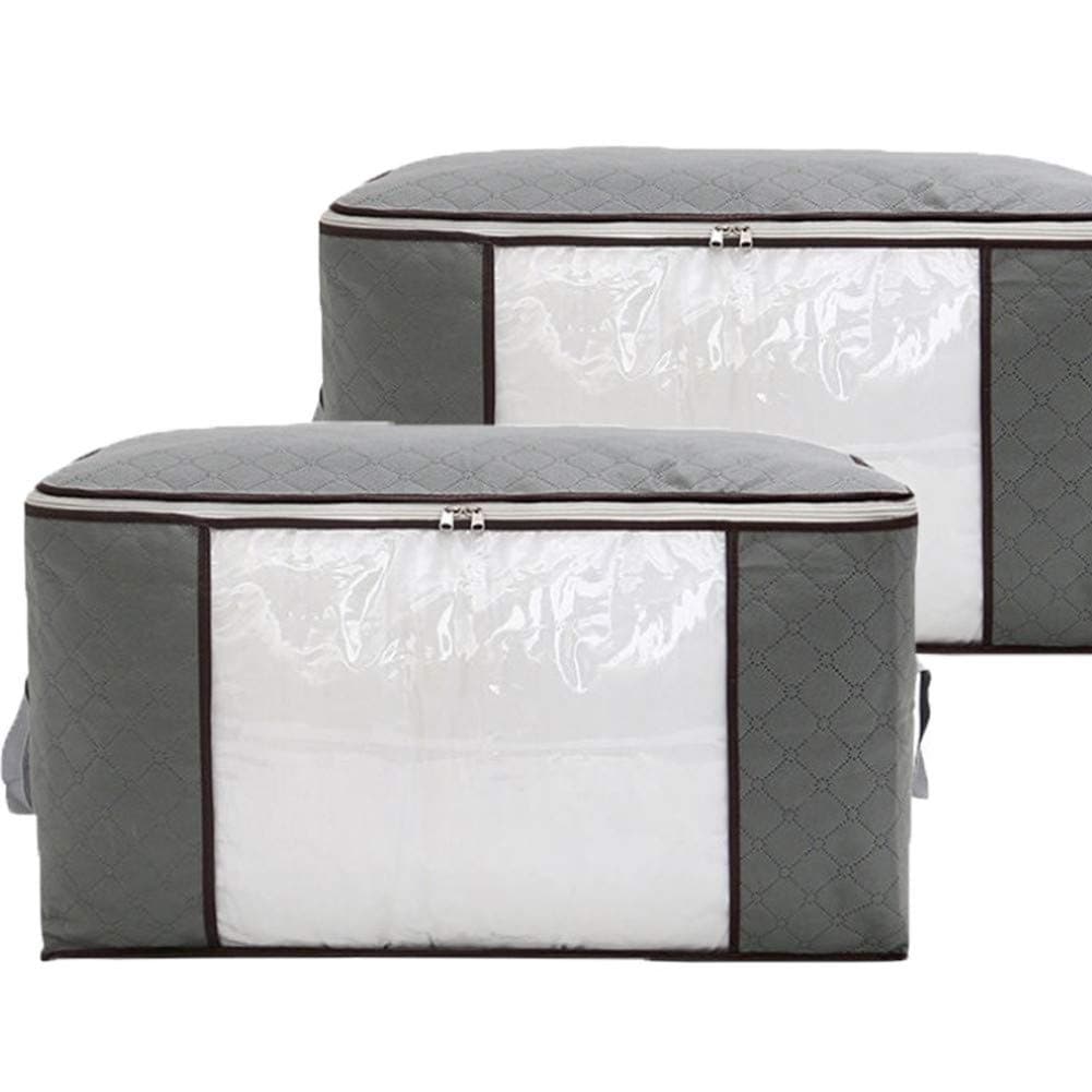 Dewsshine 2 Pack Breathable Closet Storage Blanket Bag Organizers, Foldable Clothing Storage Container Bag Box Case with Handles Clear Window for Blankets Closets, 84L (Grey)