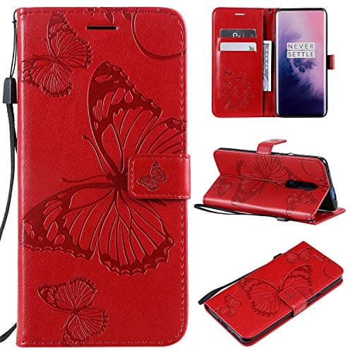 Ropigo Emboss 3D Butterfly Wallet Case for OnePlus 7 Pro [Not Fit Oneplus 7] Flip Leather Protective Case with Wrist Strap,Magnetic Closure,Credit Card Slots Holder,Kickstand Function Red