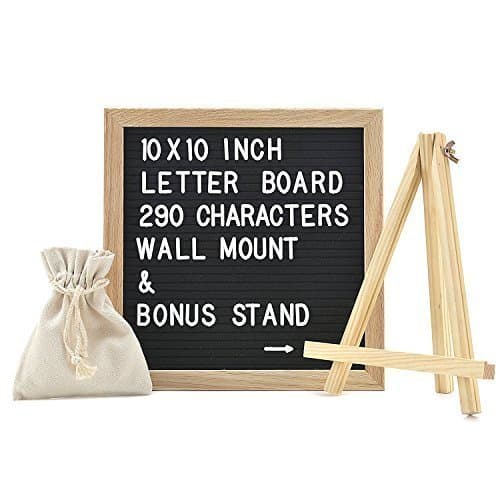 Best Felt Letter Board Sign Set with 290 Letters - 10 x 10 inches - Create Custom Messages - Changeable Black Felt with White Letters - Oak Wood Framed - FREE Canvas Bag and Canvas Stand
