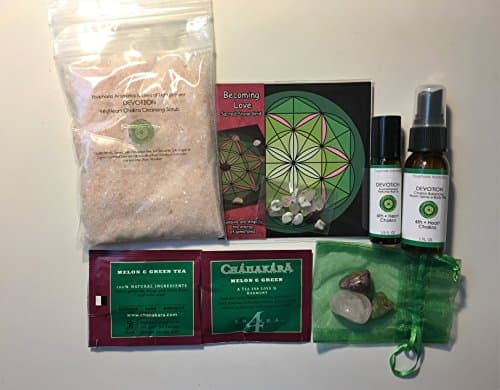 DEVOTION, 4th/Heart Chakra Healing Kit with Chakra Balancing Aromatherapy Products, Sacred Stone Grid, and Crystals