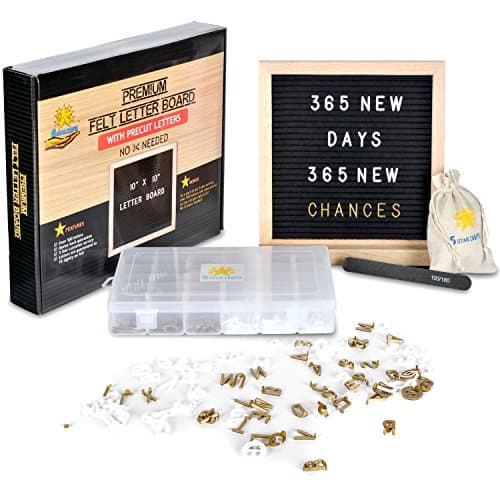 Changeable Felt Letter Board w/Oak Wood Frame (10” x 10”) 510 White and Gold Letters, Characters, Numbers | Table Stand or Wall Mount | Incl. Organizer Case and Canvas Storage Bag