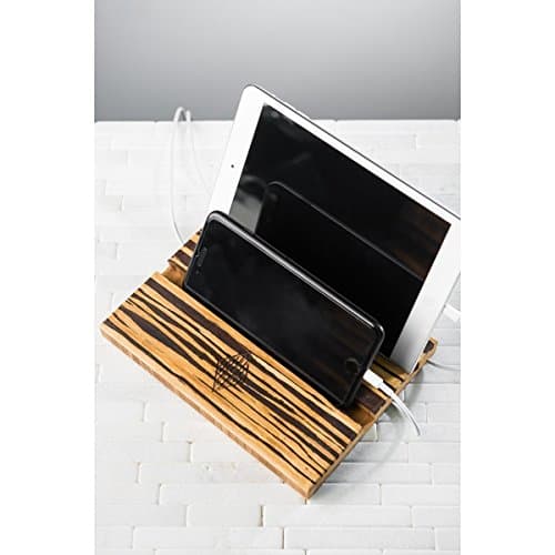 Tablet iPad Phone Stand Men Personalized Dock Charging Station Wood Gift for Her Him Wedding Groomsman Monogram Two Double Slot Tiger Stripe