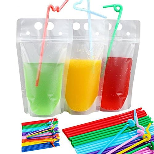 100 PCS Clear Drink Pouches Bags Heavy Duty Hand-held Translucent Reclosable Zipper Stand-up Plastic Pouches Bags wtih 100 Straws