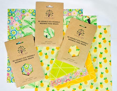 Living Light Beeswax Wraps 3 Pack - Reuseable eco-Friendly 100% All Natural Product Alternative to Plastic (Multi)