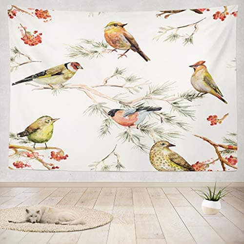 threetothree 80" W x 60" L Tapestry Wall Hanging Interior Decorative Bird Watercolor Floral Watercolour Vintage Forest Art Nature Winter Fashion for Bedroom Living Room Tablecloth Dorm