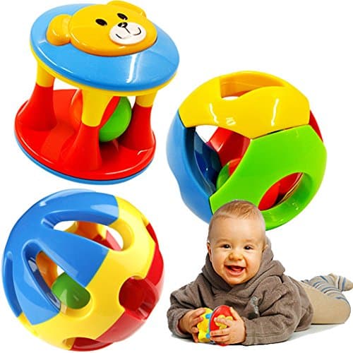 Kid Gift Musical Instrument Colorful Plastic Rattle Shaker Bell Ring Ball Toy Baby Kids Educational Gift Hand Shaker Toy Bell Jingle Ring Rattle Ball Musical Instrument (Pack of 3)
