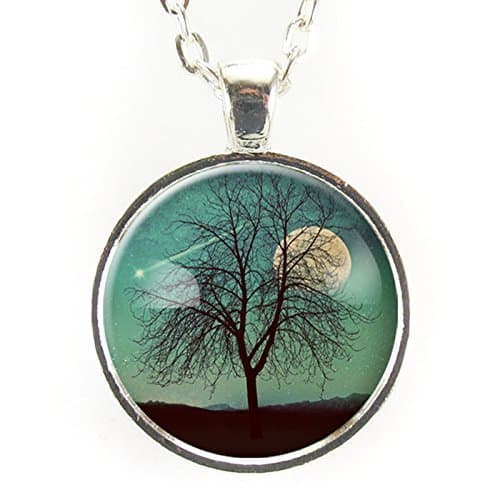 Tree And Shooting Star With Moon Necklace, On Teal Blue