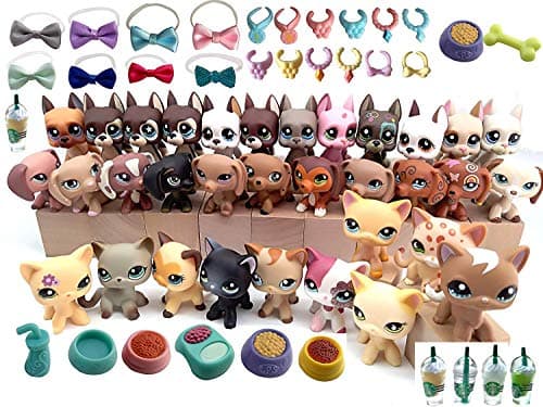 (US Warehouse) lps Pet Lot (Random 4pcs Pets & Random 5pcs Accessories) lps Short Hiar Cat Dachshund Cocker Spaniel Great Dane with Accessories Necklace Collars Starbucks Bows Xmas Gift for Kids