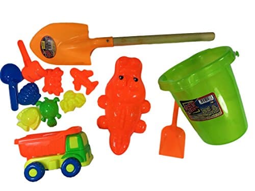 Beach and Sand Box Toys Bundle, 1 Sand Pail and Shovel, 1 Mini Sand Truck Set, 1 Sand Wood Shovel, 1 Sand Gator Mold. Great birthday party favors. For Boys and Girls all Ages. COLORS MAY VARY
