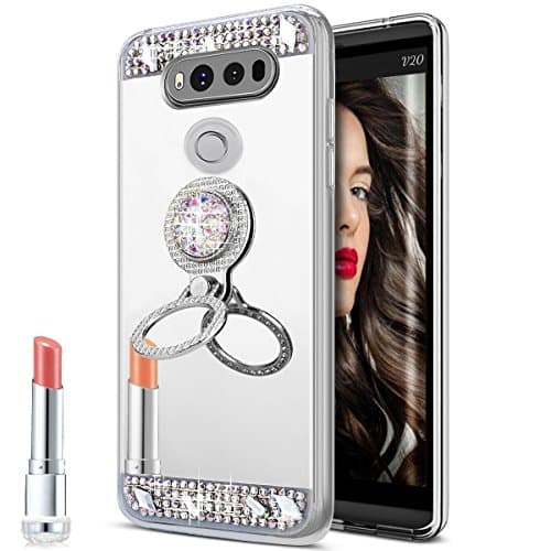 360 Rotating Ring Kickstand Bling Diamond Luxury Back Make-up Mirror Slim TPU Bumper Bright Reflection Mirror Case for Samsung Galaxy A8 Plus 2018(Silver)