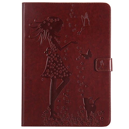 LYO New iPad 9.7 Inch 2017 Case, [Card Slots/Cash Packet] Girl Cat Emboss PU Leather Folio Wallet Stand Shell Flip Case Cover for Apple New iPad 9.7 Inch 2017 Tablet - Brown