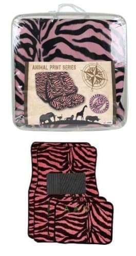 Universal Fit Automotive Gift Set Two Lowback Front Seat Covers, One Rear Bench Seat Cover, One Steering Wheel Cover, Two Shoulder Pads, and Four Floor Mats - Zebra Pink