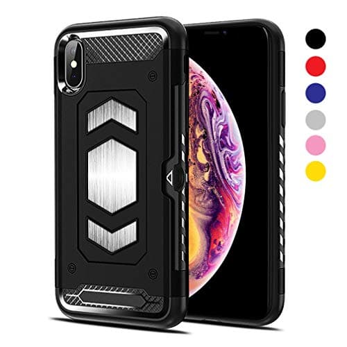 iPhone Xs/iPhone X Case [Gun Metal Series] Heavy Duty Protector [Wireless Charging Ready]+[Magnetic Car Mount Ready] with Slim Card Holder (Wallet), (Black) by Jazliv