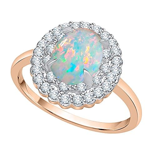 Diamond and Oval Cut Opal Double Halo Ring in 14K Rose Gold (3/4 cttw) (JK-Color, SI2/I1-Clarity) (Size-4)