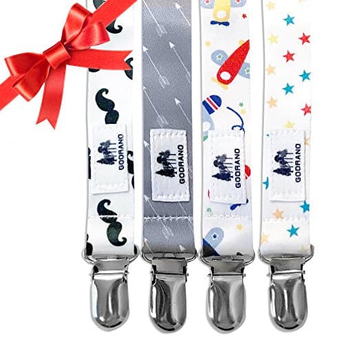 Pacifier Clip by Godrano - 4 Pack - Premium Quality Holder For Babies And Infants - Great Modern Design Gift - Unique Teething Ring Holder For Boys.