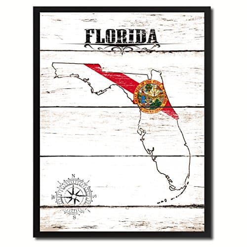 Florida State Flag Map Art Canvas Print with Custom Picture Frame Vintage Kids Room Home Office Wall Decor Gift Ideas 13" x 17"