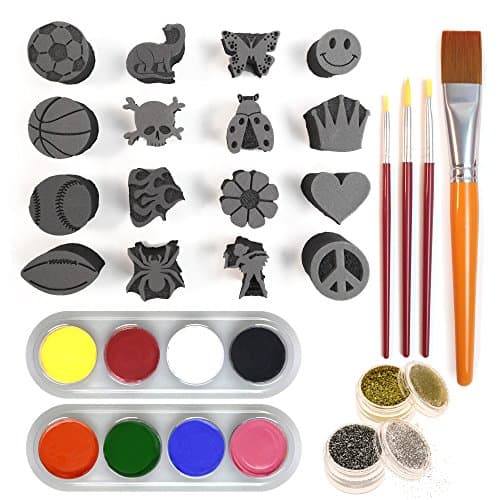 Supreme Face Painting Stamp Set By Keyp Creative - 16 Durable &amp; Reusable Foam Stamps, 4 Brushes, 8 Paints, &amp; 2 Glitters - FDA Compliant &amp; Safe For The Skin - Unisex Stamp Patterns For Boys &amp; Girls