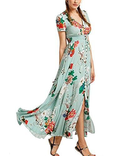 Gzbinz Women's Summer Beach Button up Split Long Floral Casual Vintage Maxi Dress