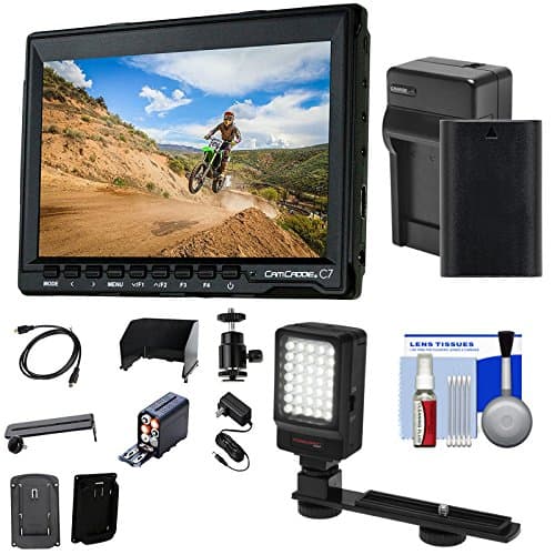 Cam CADDIE Portable 7" Camera-top Field HD IPS LCD Monitor (Canon LP-E6) + Ball Head + Sun Hood + HDMI Cable + Battery &amp; Charger + Video Light Kit