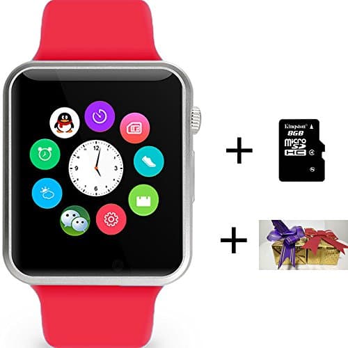 MyOhYa Smart Watch Clock With Sim Card Slot Push Message Bluetooth Connectivity Android Phone Music Better PK DZ09 KW18 Smartwatch(Red with 8G TF Card and Gift Box)