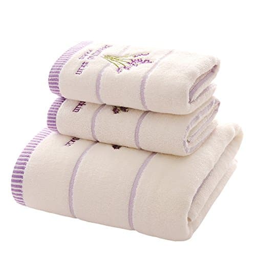 Zhenxinmei 3-Piece Cotton Towels Sets - Include 2 Face Towel &amp; 1 Bath Towel - Scented Lavender Design Embroidered Towels Set for Maximum Softness and Absorbency (face towel+bath towel, white)