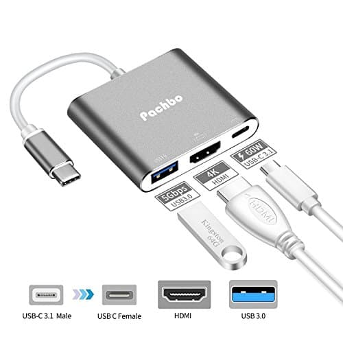 Pachbo USB C to HDMI Adapter,Type C to HDMI Converter with USB 3.0+USB-C PD ports,3 in 1 Multi USB C Adapter for Apple MacBook 12"/MacBook pro 13" 2016 2017,Samsung Galaxy S8/S8 Plus/Note 8(Gray)