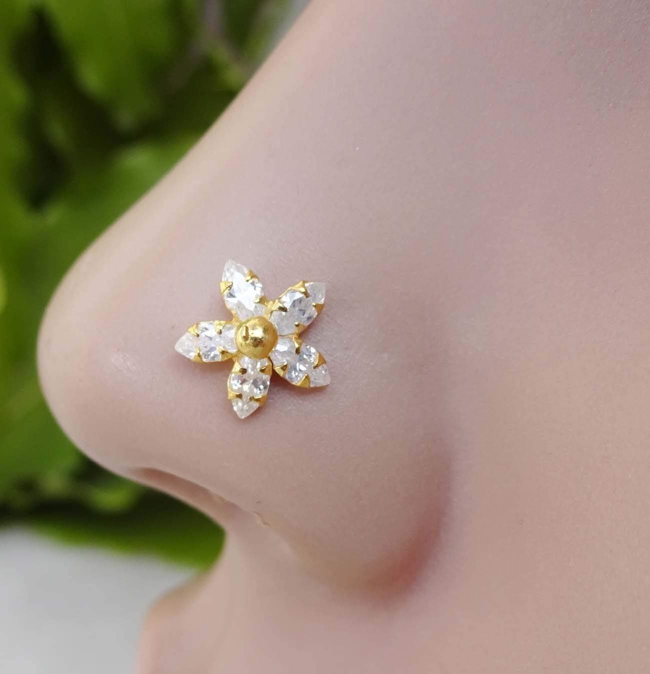 St Patrick Day Gift,Crystal Gold Nose Stud,Gold Nose Stud,Sterling Silver Nose Stud,L Shape Nose Stud,Indian Nose Stud,Thanksgiving Nose Stud,16g Nose Stud,CZ Simulated Diamond Nose Stud(TEJ129
