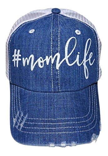 White Glitter #MomLife Distressed Torn Look Denim Trucker Cap Hat (Blue Denim Front)