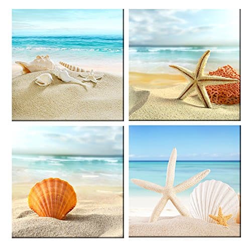The Melody Art - 4pcs Modern Decor Seascape Giclee Prints Stretched and Framed Artwork Starfish and Seashells on the Beach Pictures to Photo Paintings on Canvas Wall Art for Home Decorations
