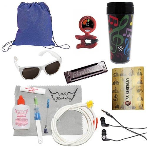 Band Camp Survival Pack for French Horn Players - Includes: Drawstring Backpack, French Horn Care Cleaning & Maintenance Kit, Music Note Travel Tumbler, Sunglasses, Band Folder, Tuner/Metronome, Bonfire Harmonica & Earbuds