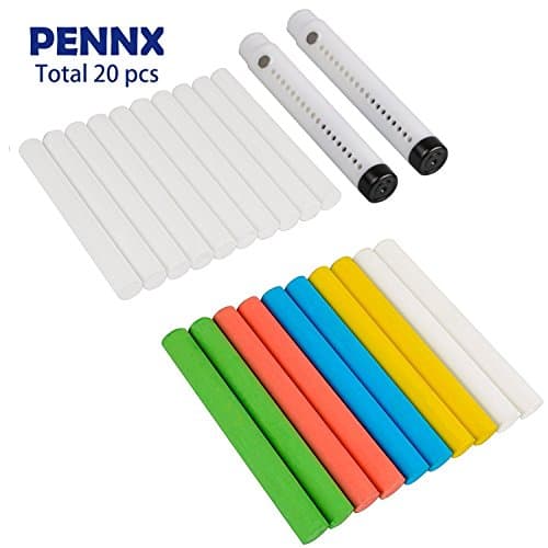 [20-Count] Chalkboard Chalk, PENNX Non-Toxic Dustless 12 White Chalk and 8 Colored Chalk (4 Colors, 2 of Each) with 2 free chalk holders for School and Office Use