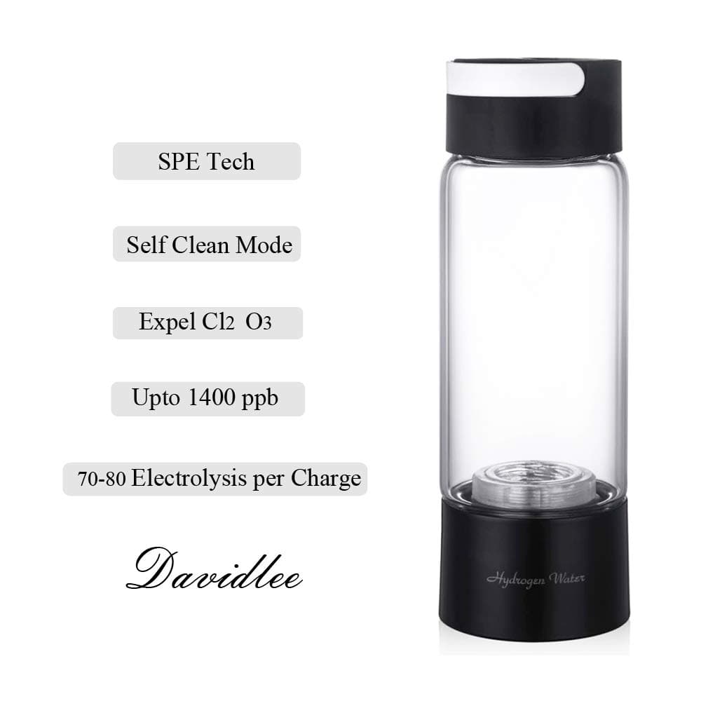 Davidlee Portable Hydrogen-Rich Generator Water Bottle SPE Technology Ionizer Mode 3 mins Self- cleaning Function High Concentration Discharge Ozone and Chlorine - 380ml F6