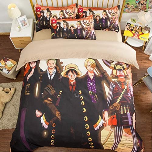 One Piece Anime Theme Bed Three-Piece Set Duvet Cover with 2 Pillowcase Sets 3D Printed Bedding Quilt Cover Sets,Queen