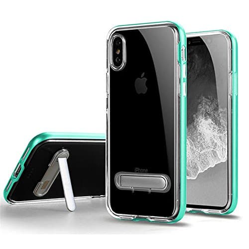 OWIKAR iPhone X Case, Crystal Clear Hard Ultra Slim Fit Anti Scratch Bumper with Magnetic Metal Kickstand Protective Case Cover for Apple iPhone X (Mint Green)