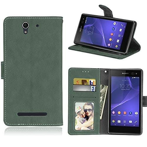 MGVV Retor Slim Fit Flip Leather Case [Kickstand Feature] PU Leather Wallet Case with 3 ID&CBrownit Cards Pocket & Kickstand Function for Sony Xperia C3