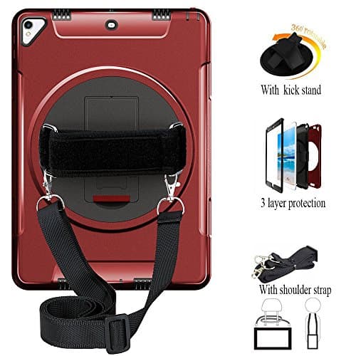 Multifunctional iPad Pro 10.5 inch Case, Heavy Duty Three Layer Rugged Shockproof Protective Case with 360°Swivel Kickstand+Hand Strap+Shoulder Strap for iPad Pro 10.5 inch, Model A1701 A1709 Red