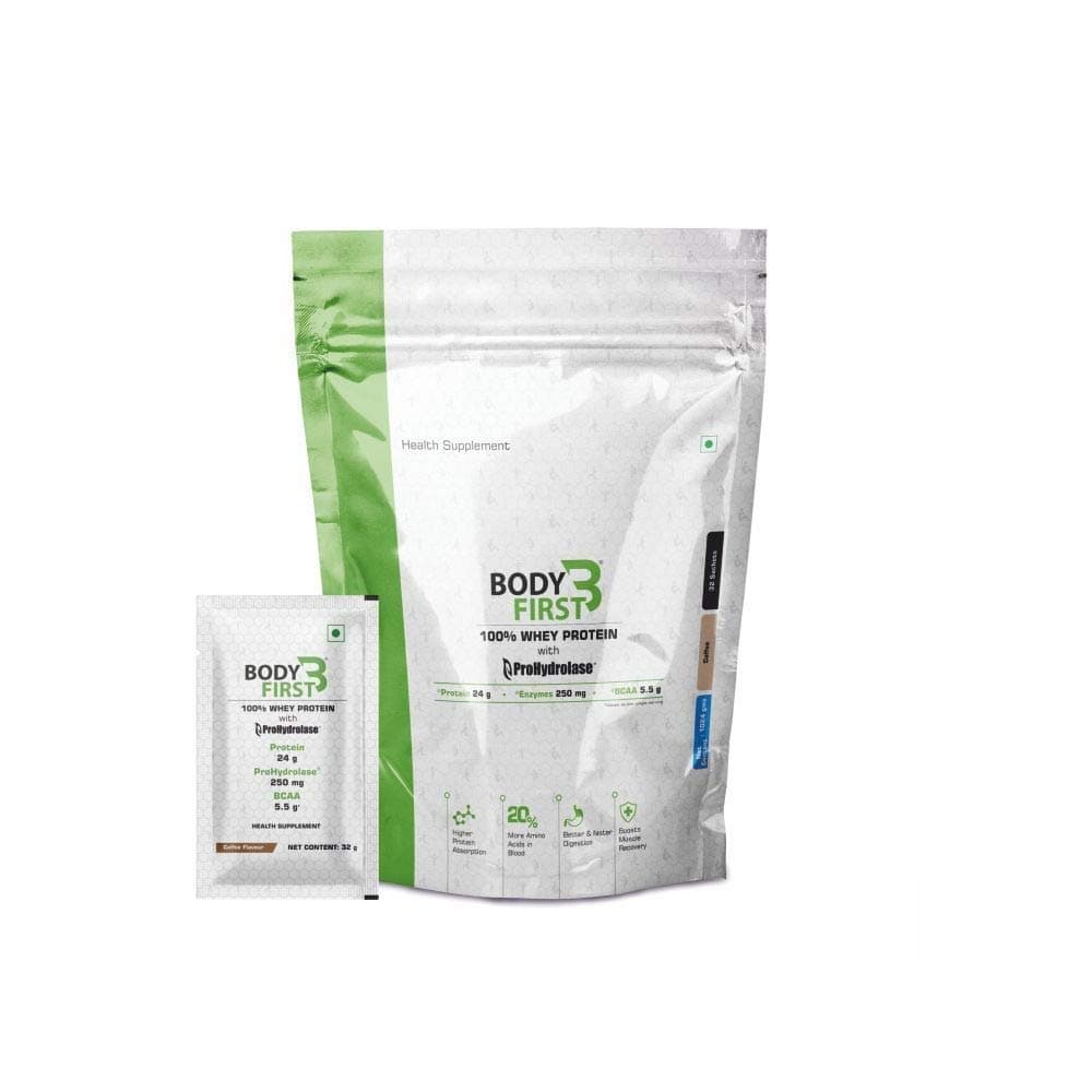 Body First 100% Whey Protein Powder with Prohydrolase Enzyme Technology, 24 g Protein (2.3 lbs) (1.05kg) 32 Servings/Sachets (Chocolate Flavour)