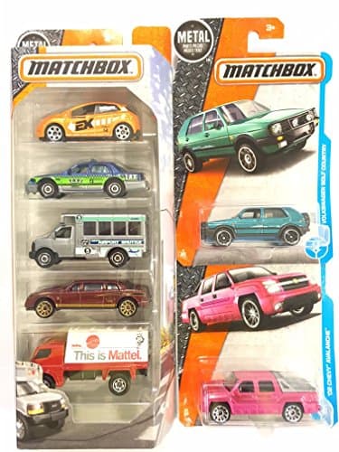 Matchbox 2016 "CITY- 5-PACK" : Mazda 2, Ford Crown Victoria Taxi, GMC School Bus , Limousine &amp; Billboard Truck &amp; BONUS: Matchbox CHEVY AVALANCHE &amp; V.W. GOLF