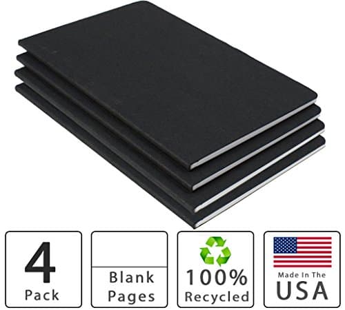 Eco Black Notebook / Journal • Blank Pages - 5x8" • (4 PACK) 100% Recycled Notebook Made in the USA