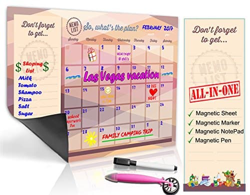 Refrigerator Calendar Kit – Includes Magnet Board/ Magnetic NotePad / Magnetic Dry Erase Marker + Eraser Top / Design Magnetic Pen – Easily Write &amp; Wipe (Pink-Purple)