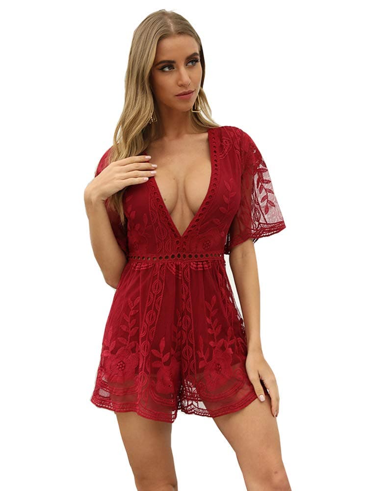 Eleter Women's Deep V-Neck Lace Romper Short Sleeve Long Dress