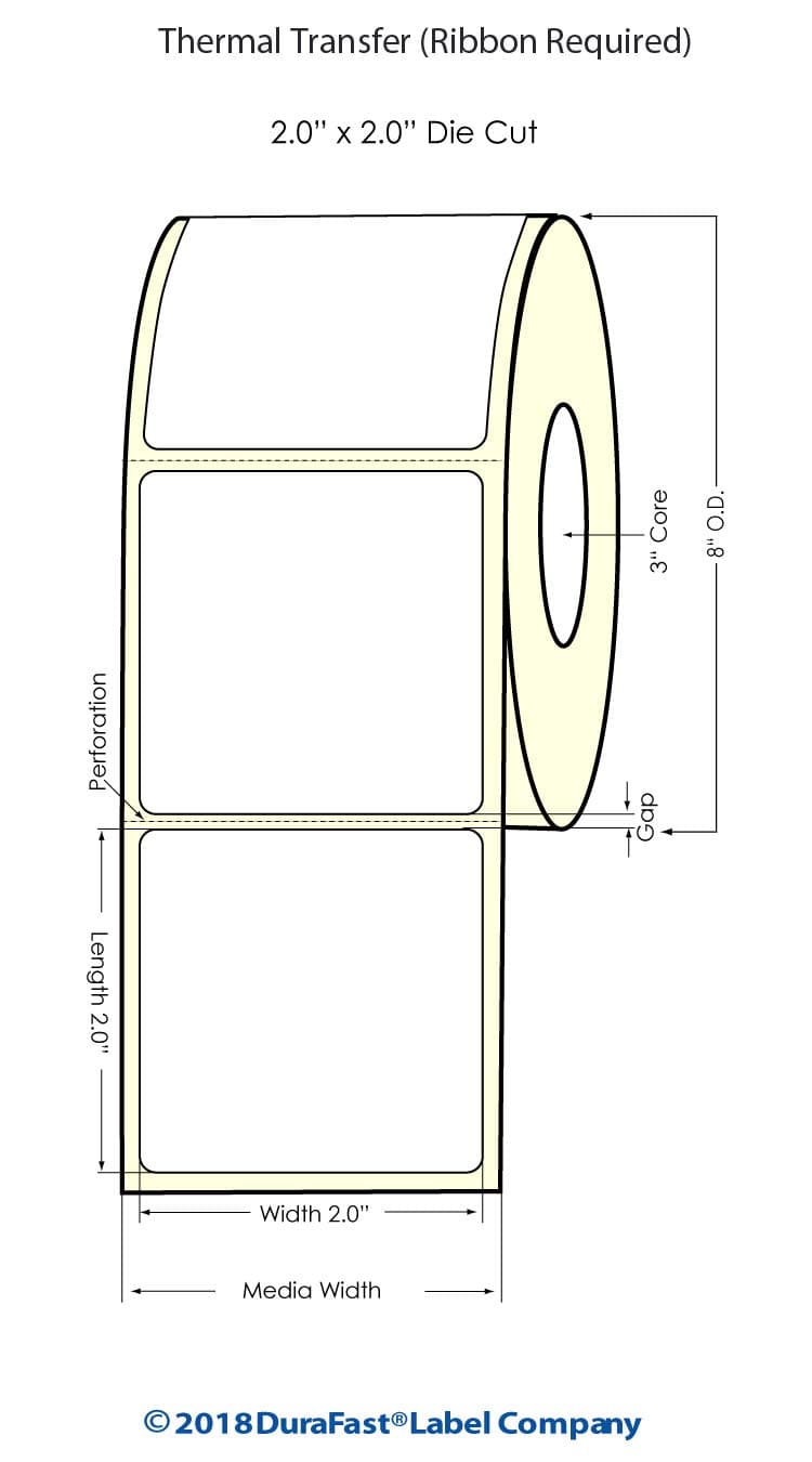 Thermal Transfer Label Paper 2" x 2", 3 Inch Core, 2750 Labels Total