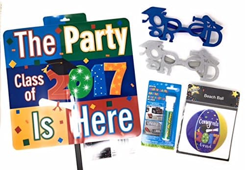 CLASS OF 2017 GRAD Party Starter Pack- 1 Beach Ball, 1 Grad Glasses, 1 Class of 2017 Yard Sign and 1 Window Marker (white)