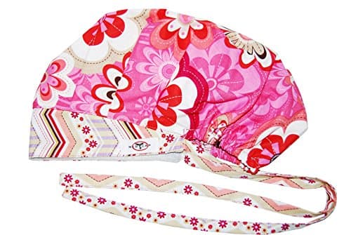 MedCap Scrub Hat Bouffant Scrub Cap with Ties Ponytail Retro and Blooms