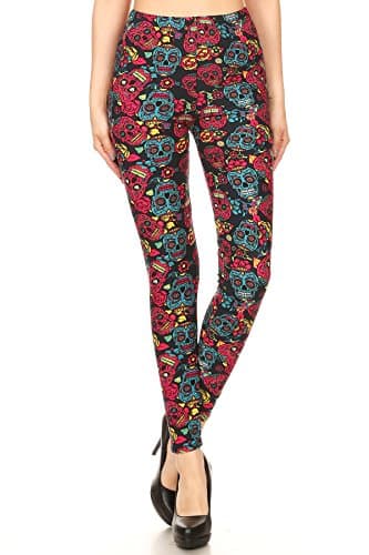 Expert Design Women's Plus Red & Blue Sugar Skulls Pattern Printed Leggings