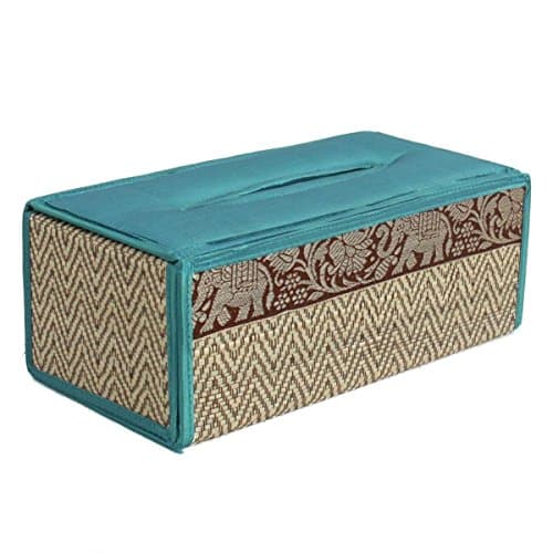 Thai Handicraft Reed and Silk Elephant Design Tissue Box Cover (Turquoise)